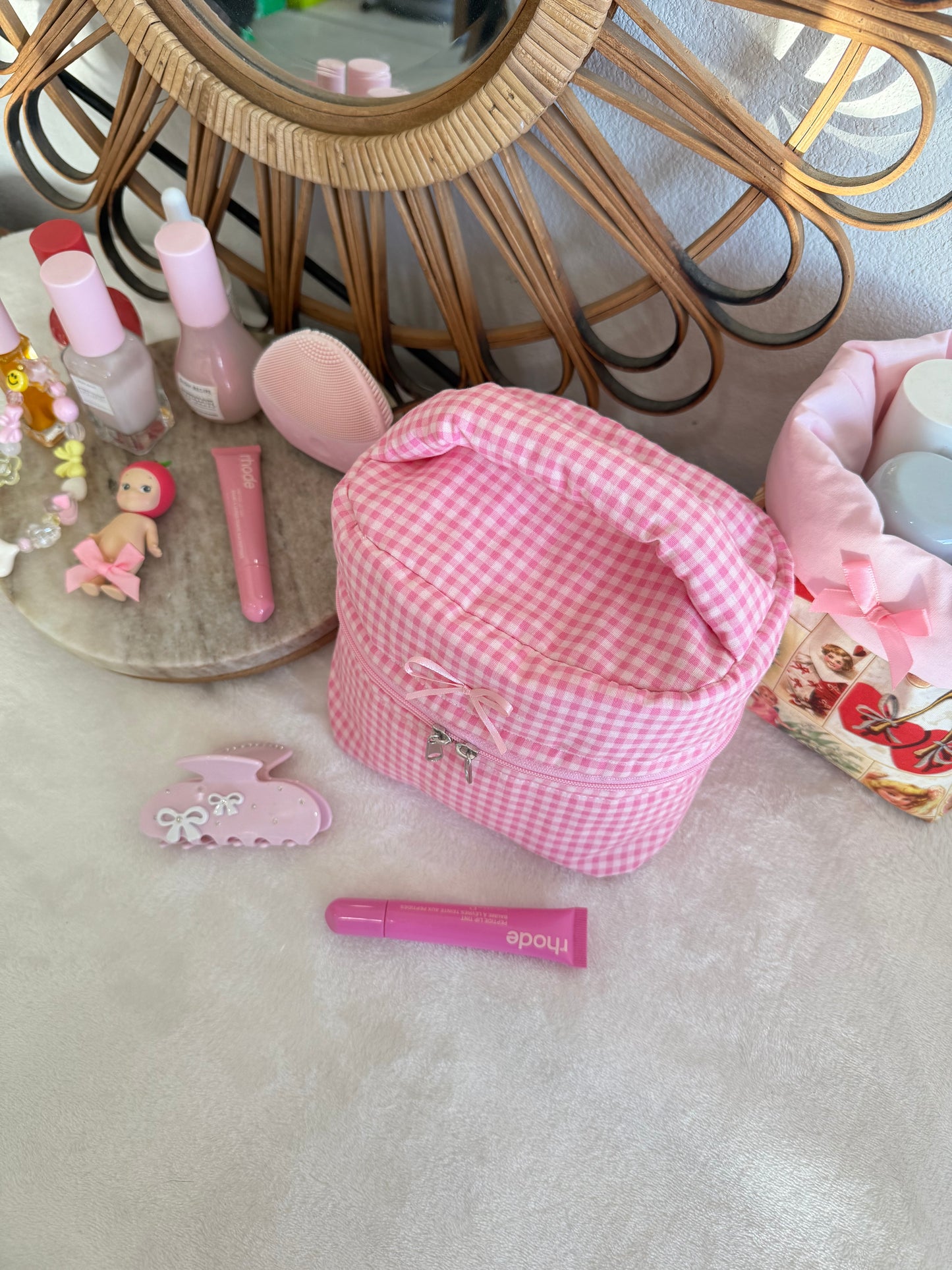 Pink Gingham Vanity Makeup Bag