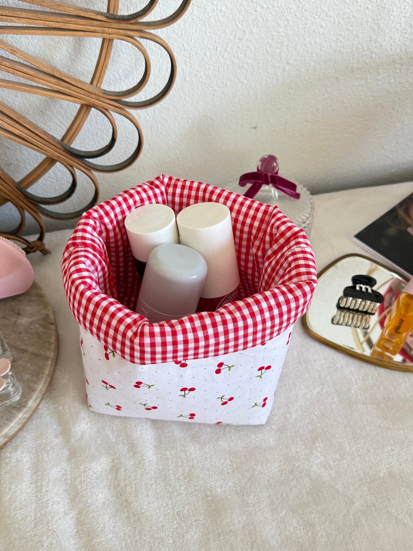 Cherry bucket, skincare/makeup organizer
